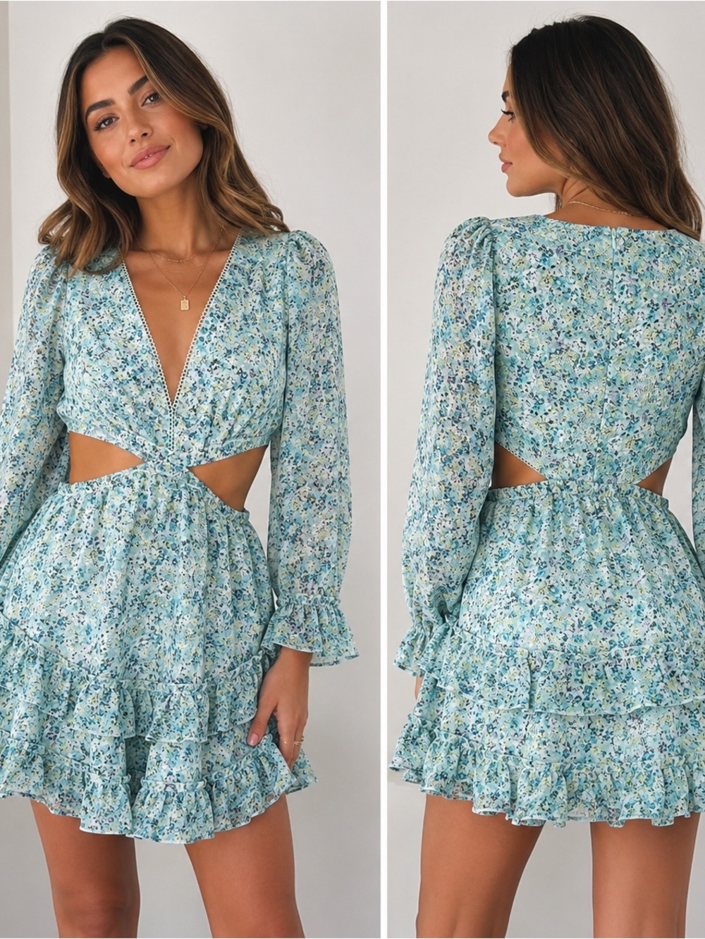 Sky to Moon Aqua Floral Cutout Ruffle Mini Dress